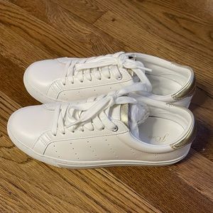 J. Crew Women’s leather sneakers with gold detail. Brand new and in the box.